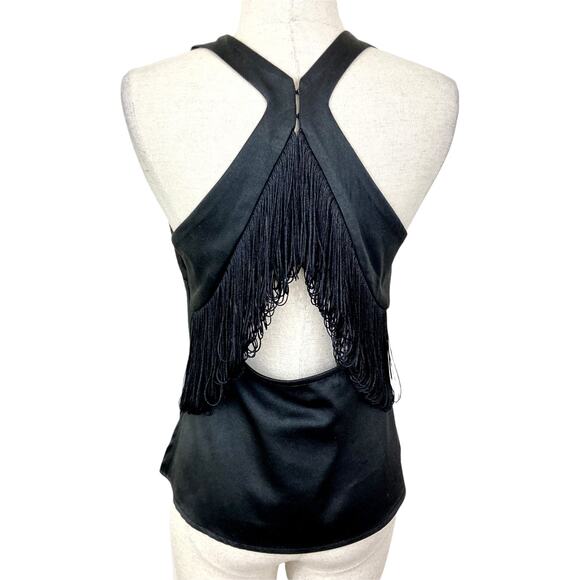 Hyfve fringed racerback tank top, dressy black matte satin women's size small - Picture 1 of 5
